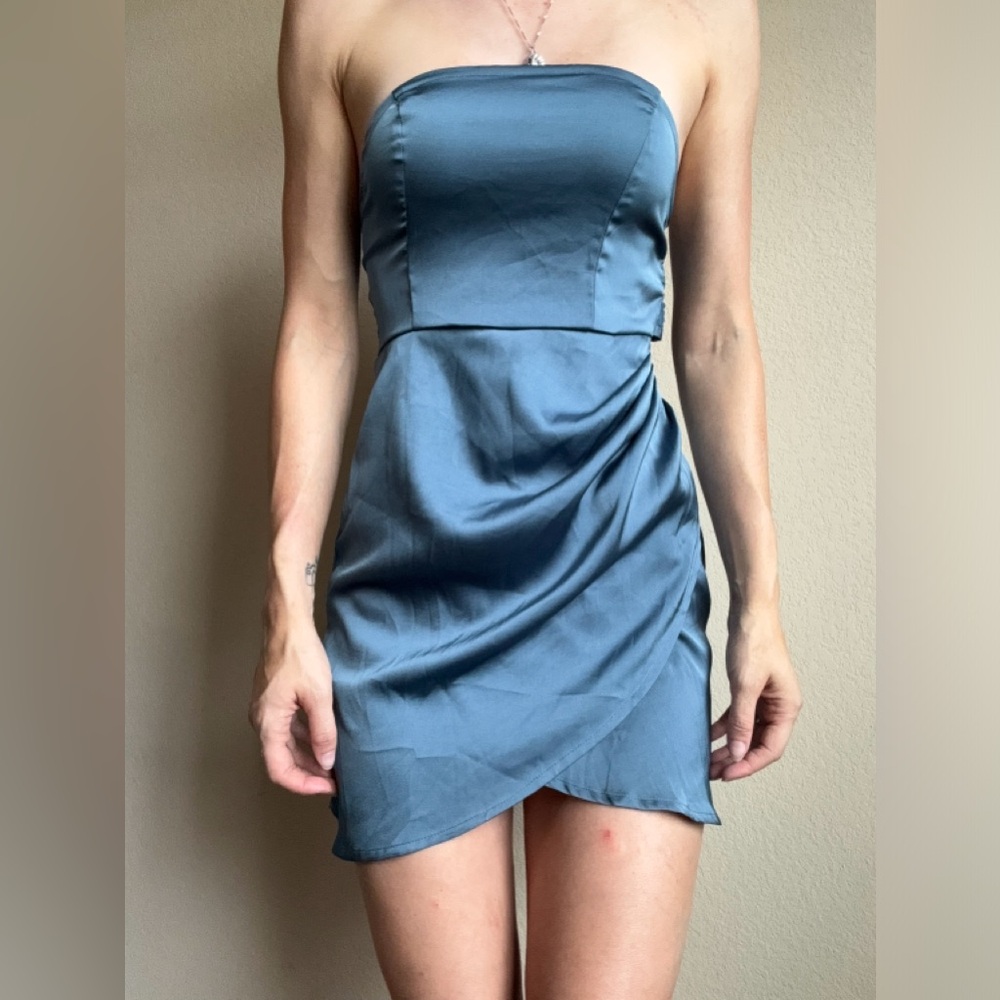 NWT Cider Dark Teal Blue Satin Mini Dress Strapless Tie XS